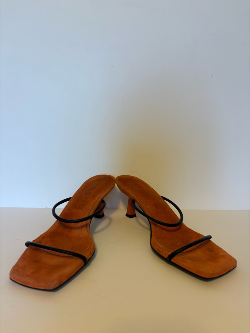 European Handmade Strappy Mid-Heel Mule Sandals in Rust Orange and Black